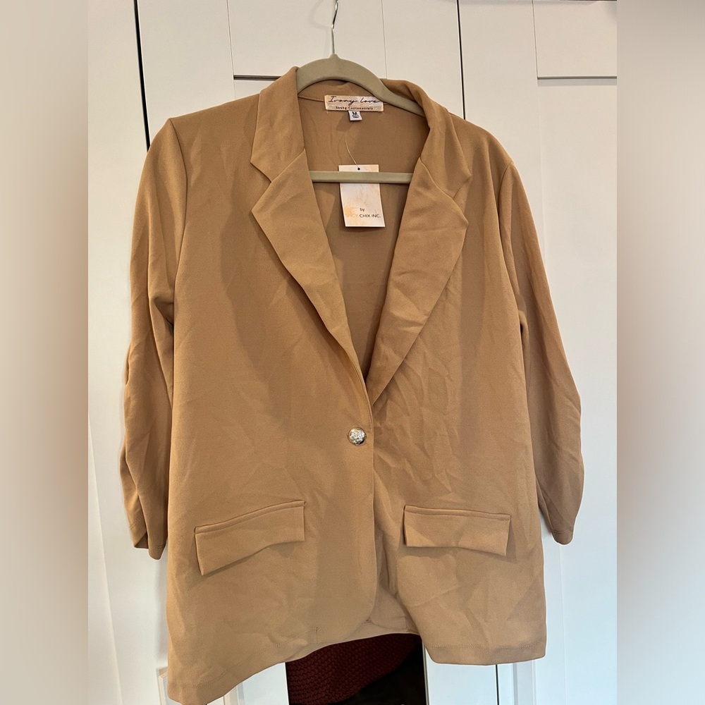Tan blazer with silver buttons and ruched 3/4 sleeves
